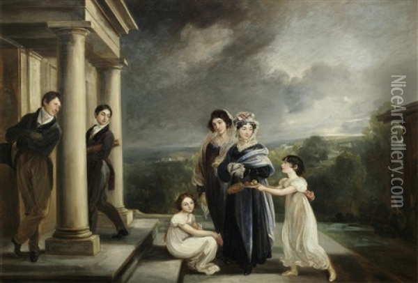 Portrait Of The Deare Family On The Steps Of Their House Oil Painting - Thomas Barker