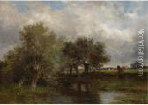 An Angler In A Summer Landscape Oil Painting - Willem Roelofs