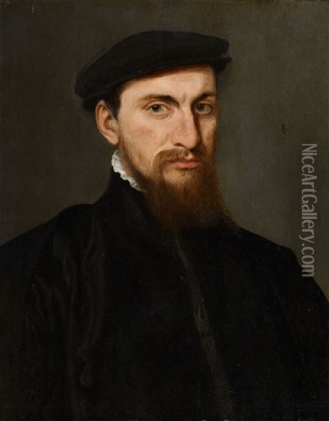 Portrait Of A Gentleman In A Black Beret Oil Painting - Willem Key