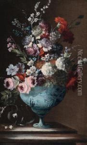 Coppia Di Nature Morte Floreali In Un Vaso Di Maiolica Dipinto Di Blu Oil Painting - Giuseppe Lavagna