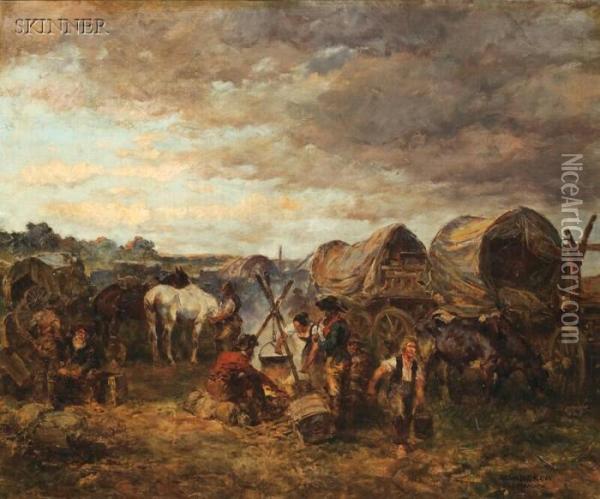 Around The Cooking Fire/encampment With Covered Wagons Oil Painting - Anton Hoffmann