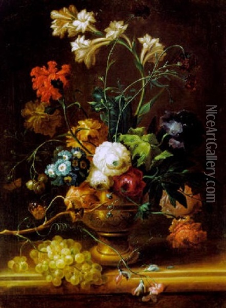 Blumenstraus In Einer Ornamental Verzierten Vase Und Weintrauben Auf Einer Tischplatte Oil Painting - Johann Baptist Drechsler