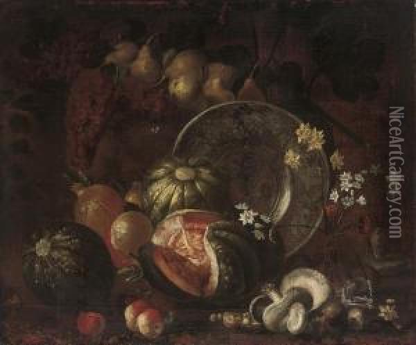 Narcissi And Carnations In A 
Glass Vase, A Blue And White Porcelain Plate, Mushrooms, Melons, Apples 
And Other Fruit Oil Painting - Michele Pace Del (Michelangelo di) Campidoglio