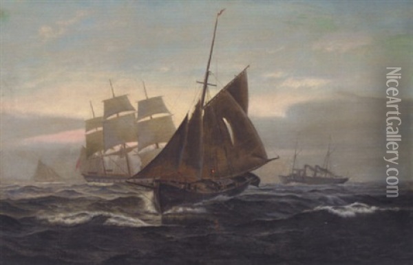 Tremaster Og Dampskib Pa Havet Ved Solnedgangstide Oil Painting - Carl Ludwig Bille
