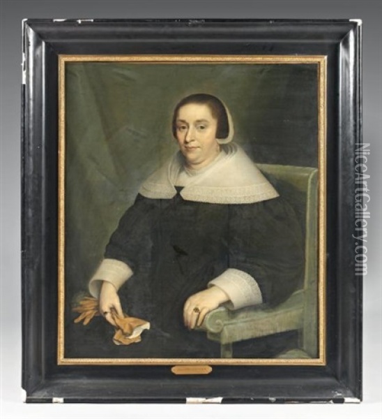 Portrait De Femme Assise Aux Gants Jaunes Oil Painting - Cornelis Jonson Van Ceulen
