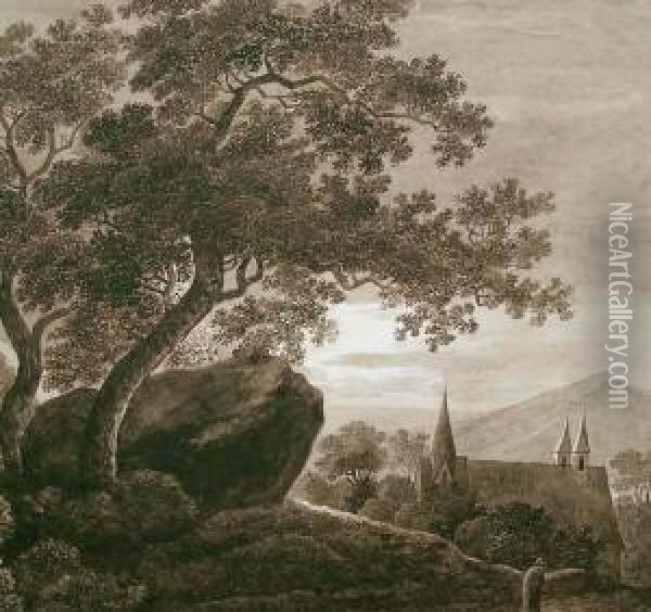 Landschaft Mit Grosem Baum, Kirche Und Passant Bei Dammerung Oil Painting - Christoph Nathe