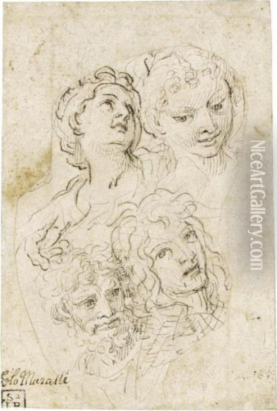 Four Heads And A Hand Oil Painting - Carlo Maratta or Maratti