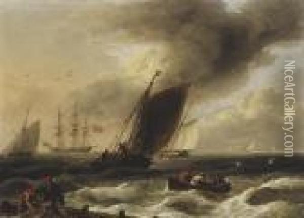 Small Craft Heading Inshore 
Ahead Of A Squall,with A Frigate Anchoring For Shelter Beyond Oil Painting - Thomas Luny