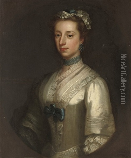 Portrait Of Elizabeth, Viscountess Lewisham, Countess Of Guilford,in A White Dress With Blue Trimmings Oil Painting - Thomas Bardwell