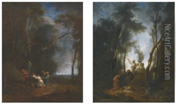 Scene Of Sacrifice In A Forest Clearing; Scene Of Sacrifice With A Lamb And A Man Holding Chains (pair) Oil Painting - Giuseppe Zocchi