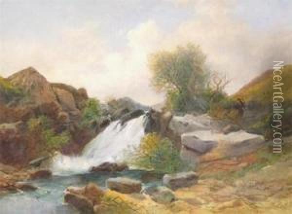 A Huntsman By A Waterfall Oil Painting - Joseph Horlor