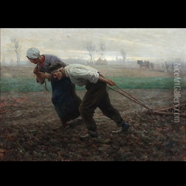 Harrowing The Field Oil Painting - Georges Philibert Charles Maroniez