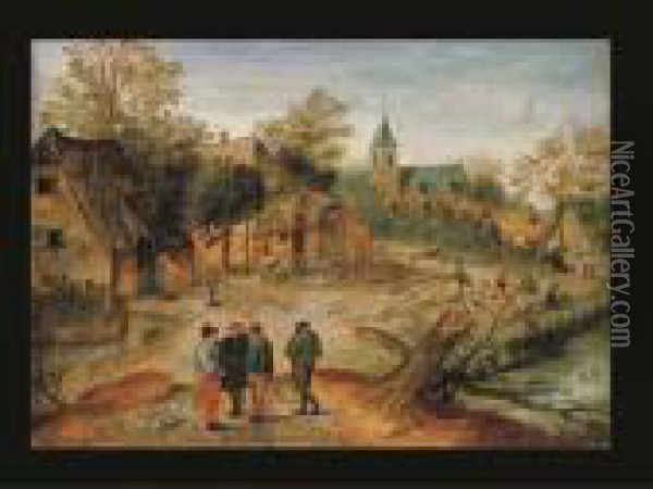 A Village Landscape With Farmers Conversing In The Foreground Oil Painting - Pieter The Younger Brueghel