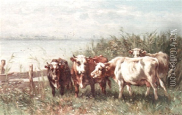 Grazing Cows Oil Painting - Johannes Hubertus Leonardus de Haas