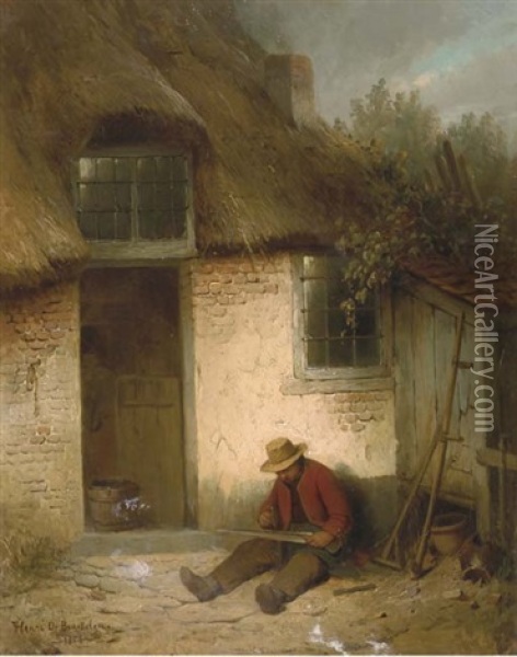 At Work With A Scythe In Front Of A Farmhouse Oil Painting - Henri de Braekeleer