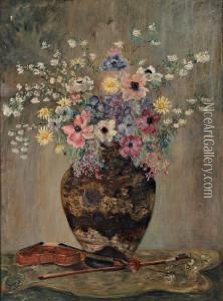 Grand Bouquet De Fleurs Au Violon Oil Painting - Valentine Synave N. Val