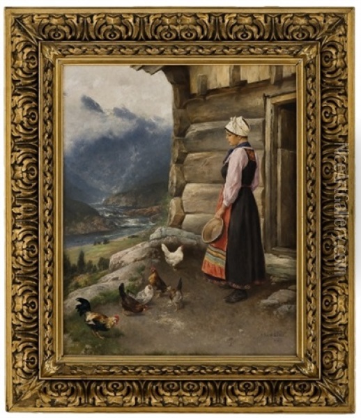 Milkmaid With Hens And A Cock Oil Painting - Axel Ender