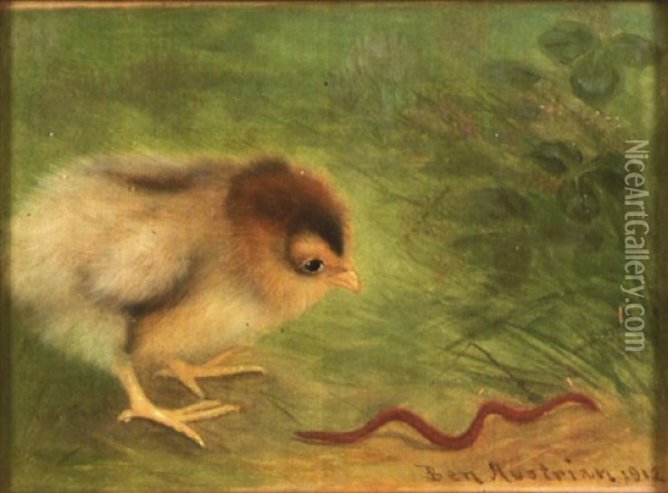 Chick Chasing A Worm Oil Painting - Ben Austrian