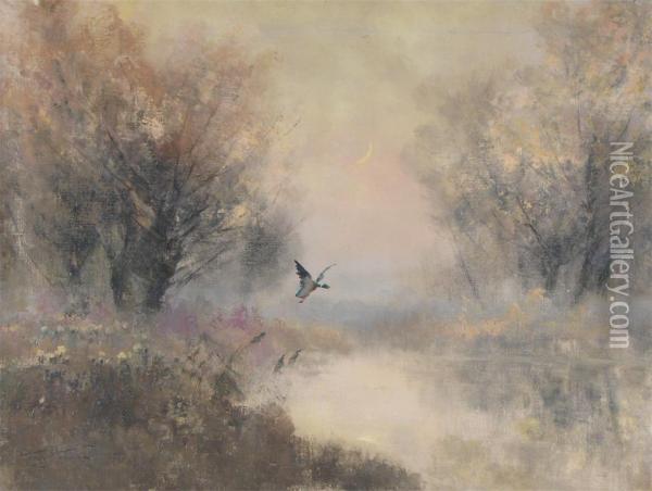 Misty Lake With Duck Landing Oil Painting - Lazlo Kezdy Kovacs