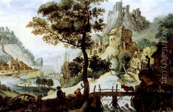 Fantastic Landscape With Castles And Figures Oil Painting - Lucas Gassel