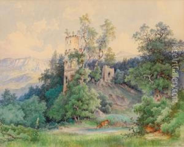 Landschaft Mit Ruine Und Hirsch Oil Painting - Heinrich Carl Schubert