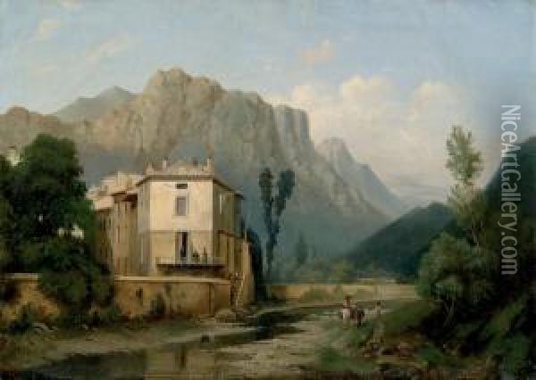 Village Alpestre En Bordure De Ruisseau Oil Painting - Jean Achille Benouville