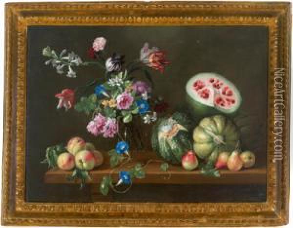 Natura Morta Con Fiori In Un Vaso Di Vetro Con Meloni E Mele; Olio Su Tela Oil Painting - Giovanni Stanchi