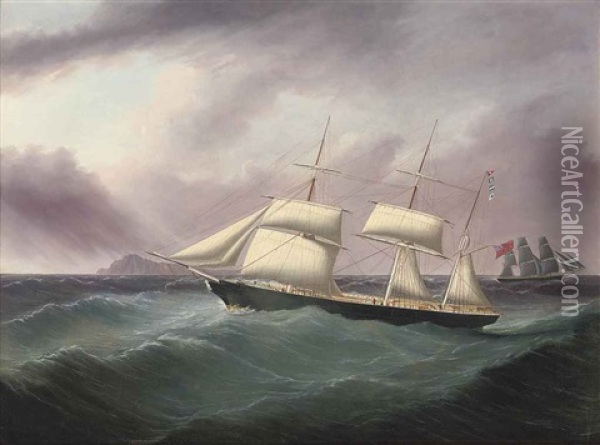 The Barque Humphrey Nelson Flying Her Recognition Flags As She Passes A Three-masted Merchantman Off A Mid-ocean Island Oil Painting - Joseph Heard