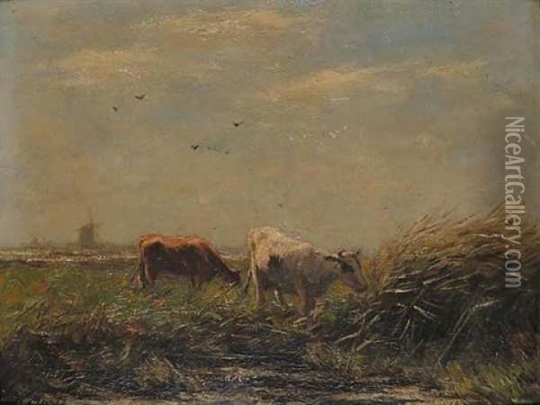 Untitled - Two Cows In A Pastoral Landscape Oil Painting - Willem Maris