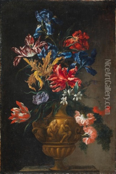 Tulips, Irises, Narcissi And Other Flowers In A Bronze Urn Oil Painting - Mario Nuzzi