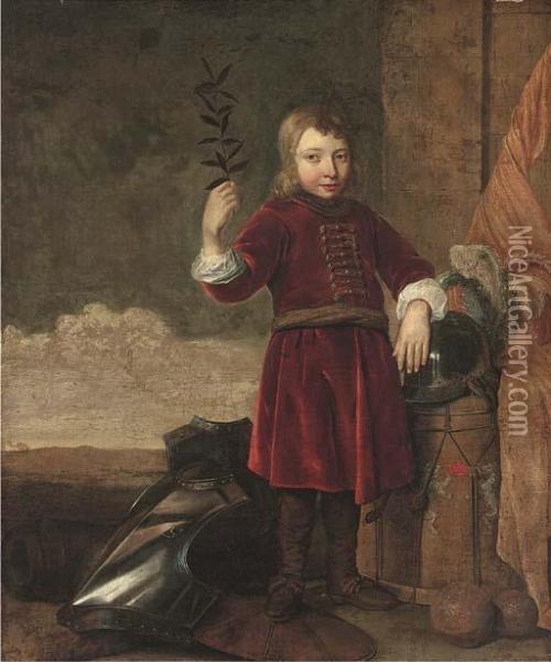 An Allegory Of Peace Overcoming War: Portrait Of A Boy,full-length, Holding An Olive Branch, With Armour, A Cannon, A Drumand The Flag Of The House Of Orange Oil Painting - Cornelis Brize