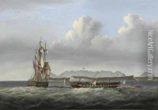 San Fiorenzo
 And The Defeated French Frigate 
Piemontaise Oil Painting - Charles Augustus Jnr Mornewick