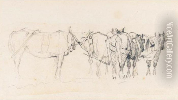 Studies Of Harvesters, Cart Horses And Deer Oil Painting - Peter de Wint
