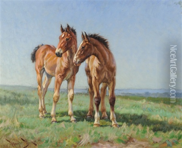 Two Foals Standing In A Summer Landscape Oil Painting - Wright Barker
