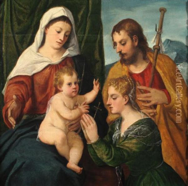 Madonna Con Bambino, San Rocco E Una Santa Oil Painting - Bonifacio Veronese (Pitati)