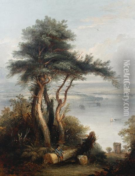 A Figure Leaning On A Treetrunk With Boats In An Estuary Beyond Oil Painting - William Williams