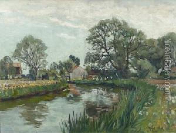 Sommerliche Landschaft Mit Kleinem Fluss. Oil Painting - Carl Theodor Meyer
