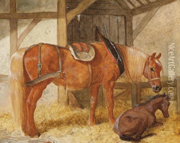 A Mare And Foal In A Loose-box Oil Painting - John Frederick Herring Snr