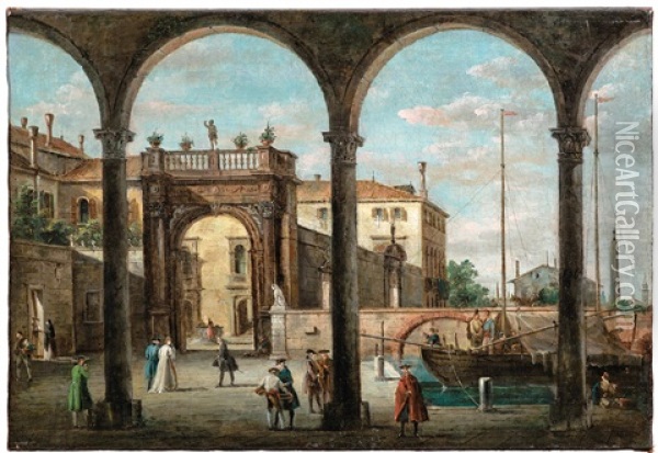 A Capriccio With Palace By A Canal; And A Capriccio With Church And House On The Lagoon Oil Painting - Giuseppe Bernardino Bison
