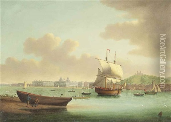 A Merchant Brig Running Up The Thames At Greenwich And Passing The Royal Observatory Oil Painting - William Anderson
