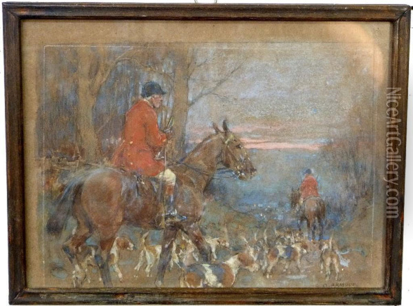 At The End Of The Day - A Study Of Huntsmen And Hounds Oil Painting - George Denholm Armour