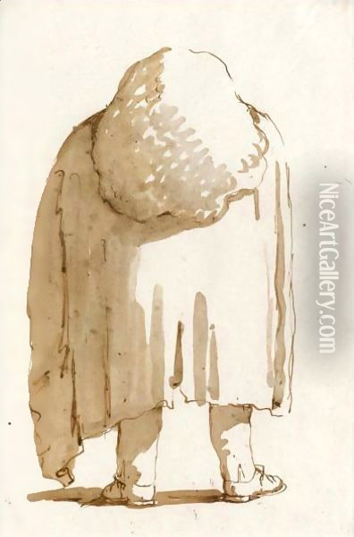Caricature Of A Man Wearing A Large Wig And A Heavy Cloak Seen From Behind Oil Painting - Giovanni Battista Tiepolo
