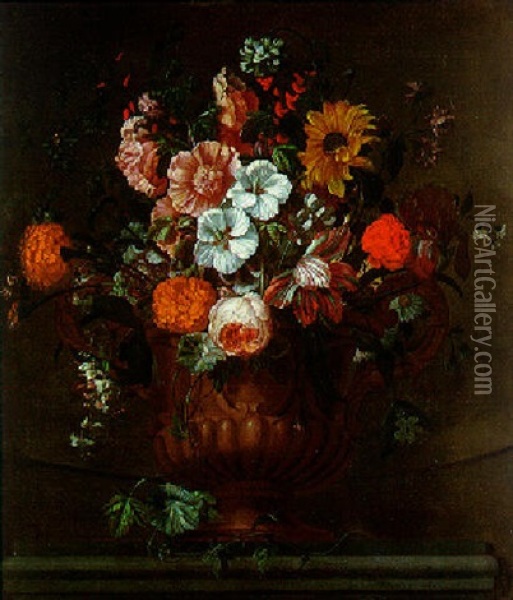 Bouquet De Fleurs Dans Un Vase A Godrons Sur Un Entablement Oil Painting - Simon Hardime