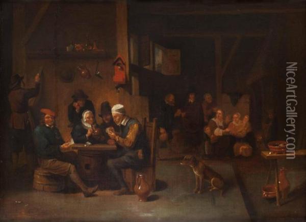 Vardshusinterior Med Kortspelande Bonder. Oil Painting - David The Younger Teniers