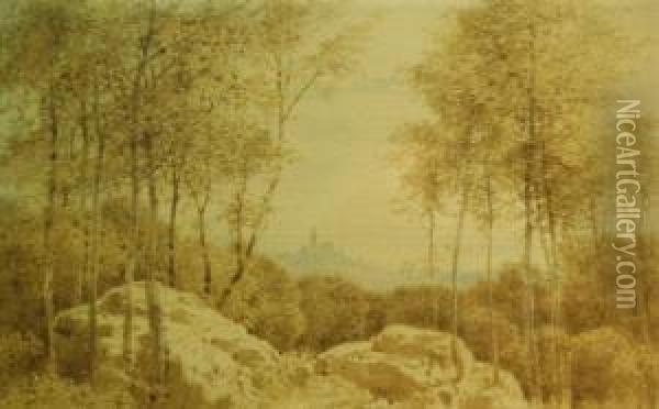 Landscape With View Of Hilltop Village In Distance Oil Painting - Karl Theodor Reiffenstein