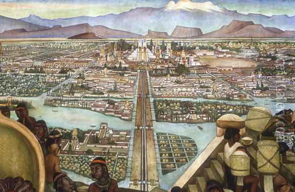 Detail from The Great City of Tenochtitlan , from the Pre-Hispanic and Colonial Mexico cycle, 1945-52 Oil Painting - Diego Rivera