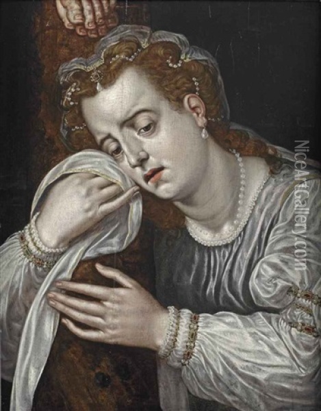 Mary Magdalene In Sorrow At The Foot Of The Cross Oil Painting - Frans Floris the Elder
