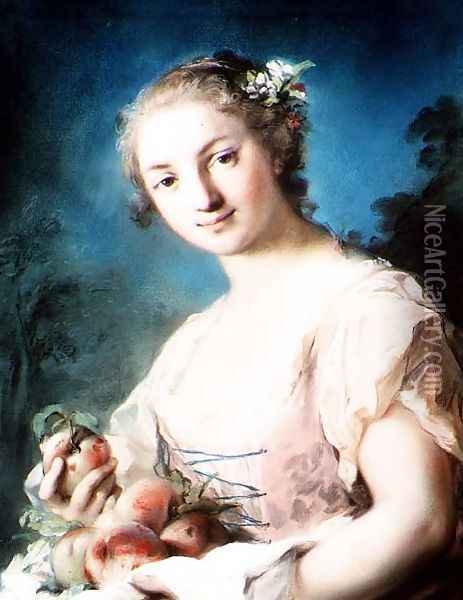 Summer: a girl holding peaches Oil Painting - Rosalba Carriera