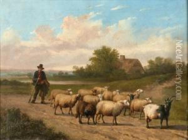 [berger Et Moutons.] Huile Sur Toile, Signee En Bas A Droite Oil Painting - Joseph Van Severdonck
