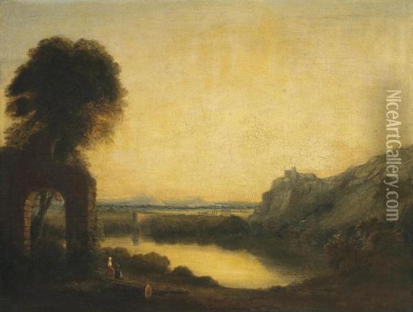 A Wooded River Landscape With Figures, Ruins Beyond Oil Painting - Richard Wilson
